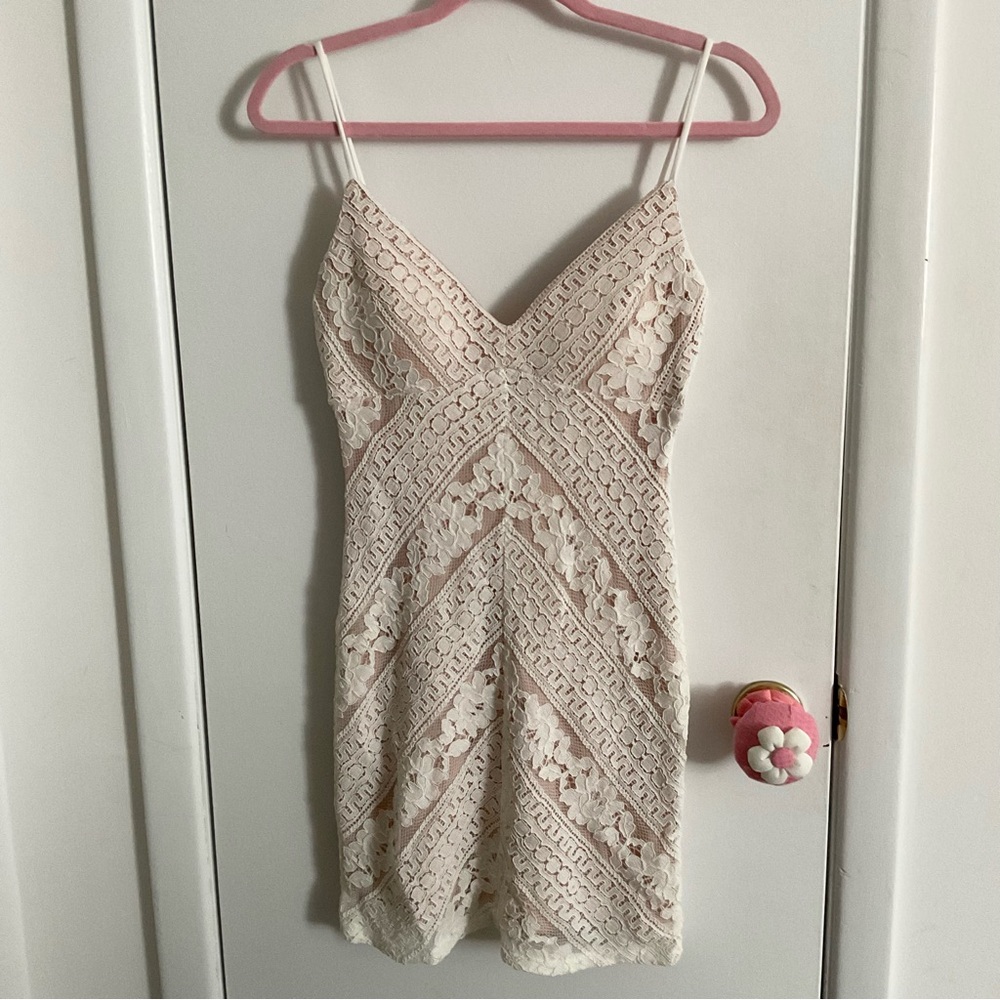 White Lace Mini Dress with Nude Lining